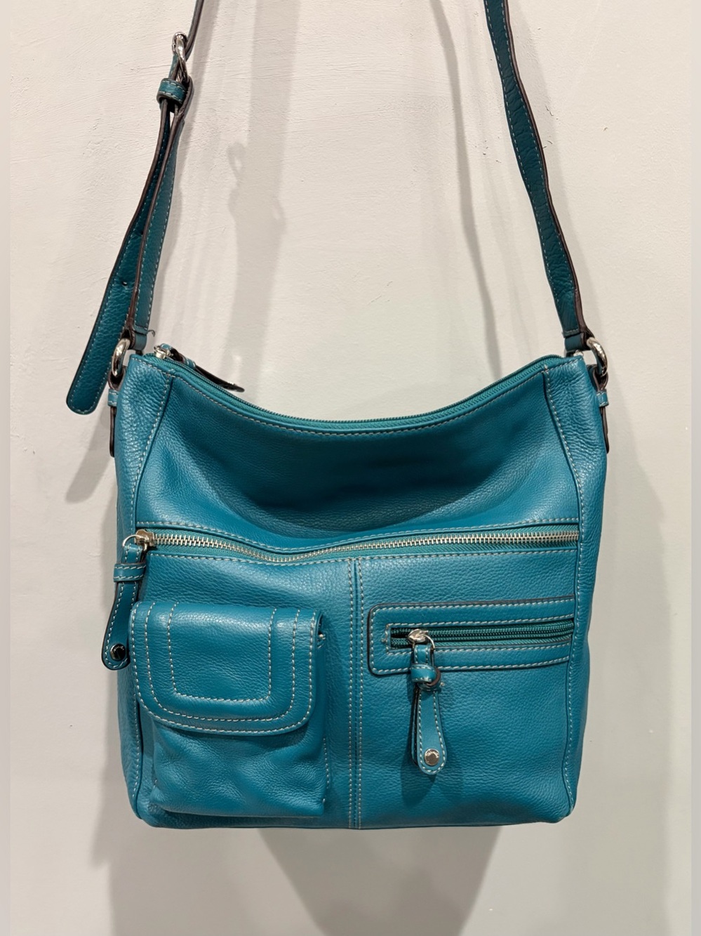 TIGNANELLO TEAL PEBBLED LEATHER LARGE MULTI POCKET CROSSBODY SHOULDER BAG